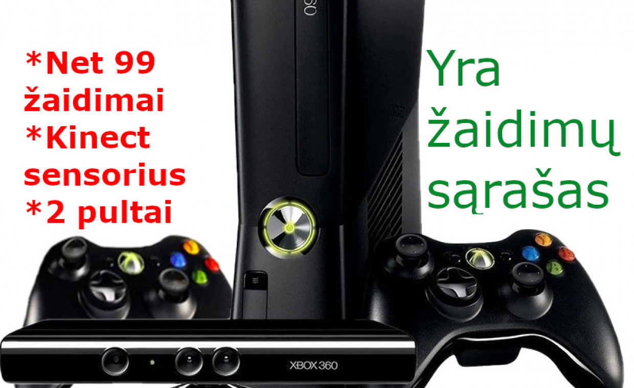 Žaidimų konsolių nuoma, Xbox 360, Kinect, 2 pultai, 99 žaidimai nuoma, Trakai